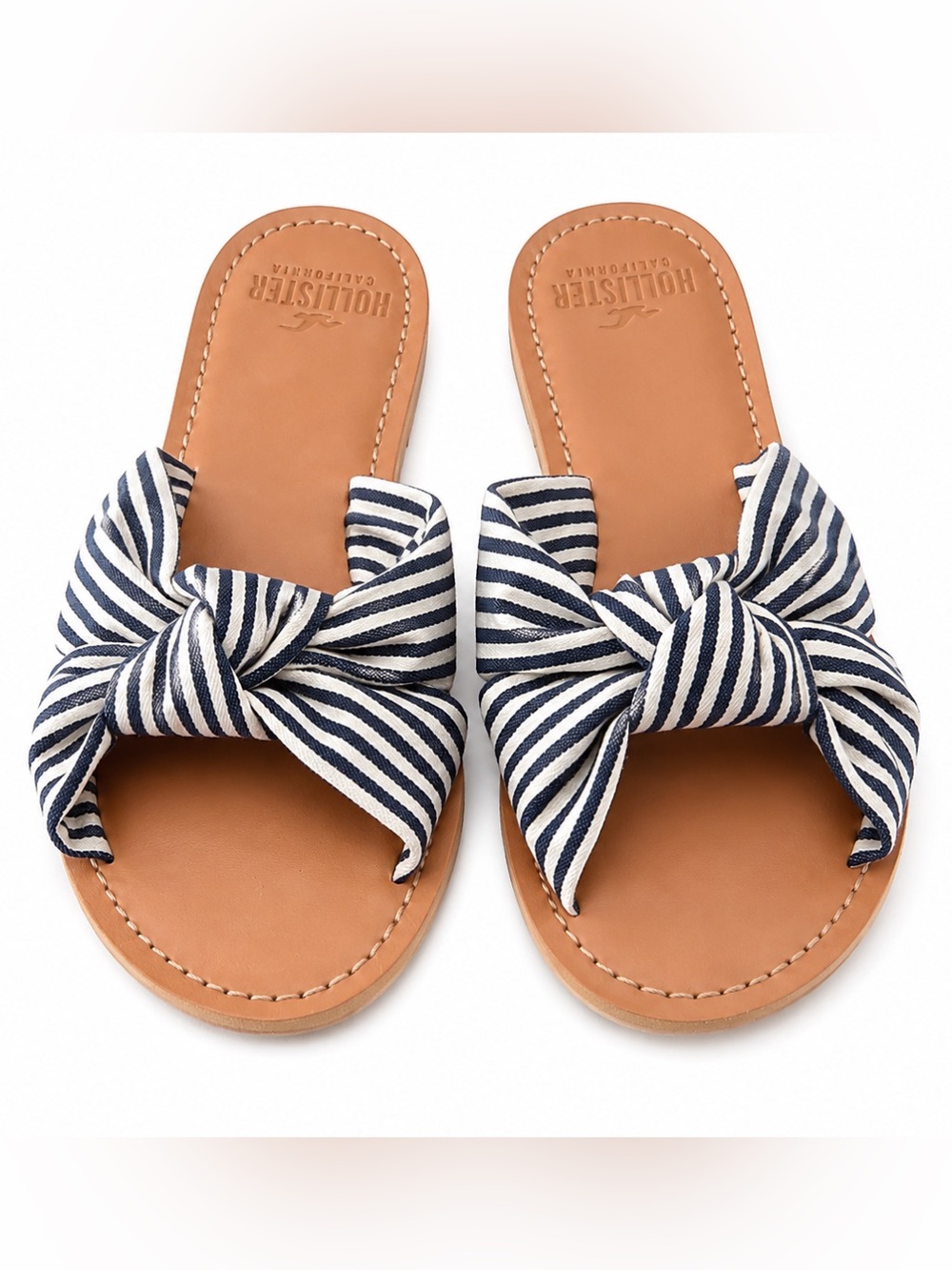 Hollister Navy and White Striped Bow Slide Sandals